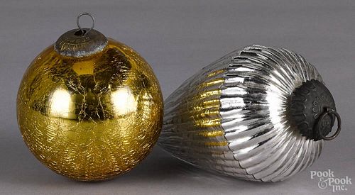 Two contemporary Kugel Christmas ornaments, largest - 6'' h.