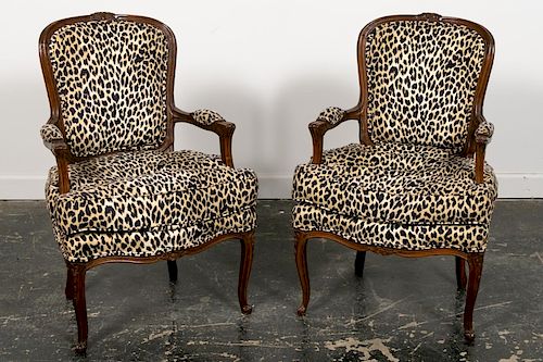 Pr., Louis XIV Style Leopard Upholstered Fauteuils