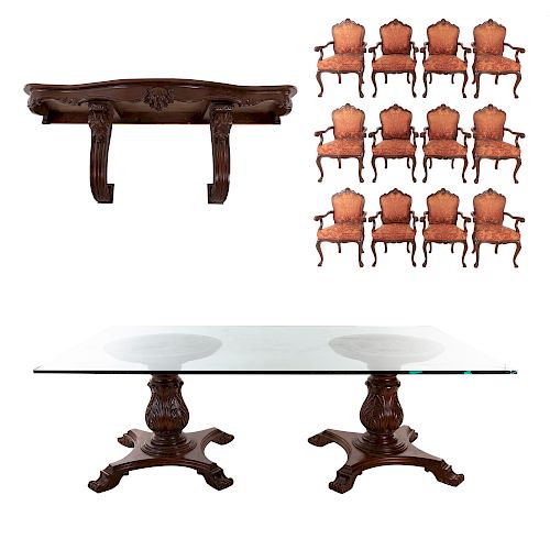 Comedor. Siglo XX. En talla de madera. Consta de: mesa, 12 sillones y mesa-consola.