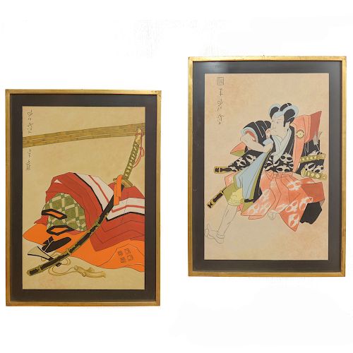 Lote de 2 obras pictóricas. Una firmada BRD. Japón. Katana y samurai. Tinta sobre papel. Enmarcadas en madera dorada.