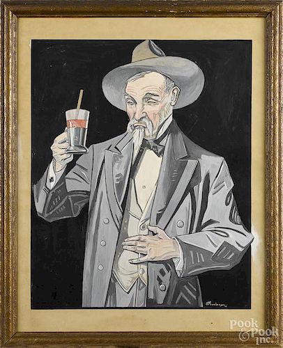 Gouache illustration of a gentleman raising a glass, signed lower right S. M. Lonberger 29
