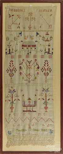 Wool embroidered show towel, dated 1841, inscribed Elizabeth Sehner and Christain Saner