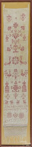 Embroidered wool show towel, dated 1795, 58'' x 10 1/2''.