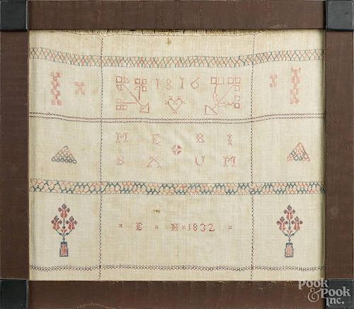 Embroidered linen show towel fragment, dated 1832, 13'' x 15 1/4''.