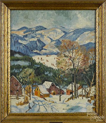Ollie M. Kuns (American, b. 1885), oil on board winter landscape, signed lower right, 16'' x 13''.