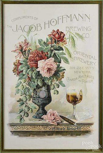 Color lithograph advertising poster for Jacob Hoffmann Brewing Co., New York, 30 1/2" x 20 1/4''.