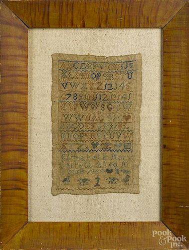 Silk on linen sampler, dated 1858, wrought by Elizabeth Mary Garrett