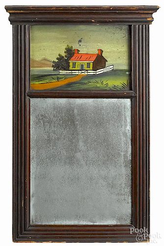 Late Federal mahogany mirror, ca. 1830, with an églomisé panel, 18 3/4'' x 11''.