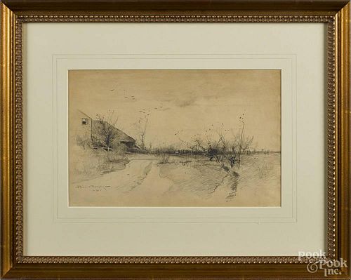 John Francis Murphy (American 1853-1921), pencil landscape with farmhouse, signed lower left