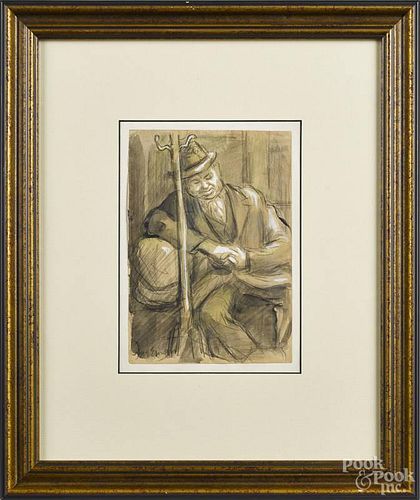 Donald Freeman (American 1908-1978), pencil and wash of a sleeping businessman, signed lower left