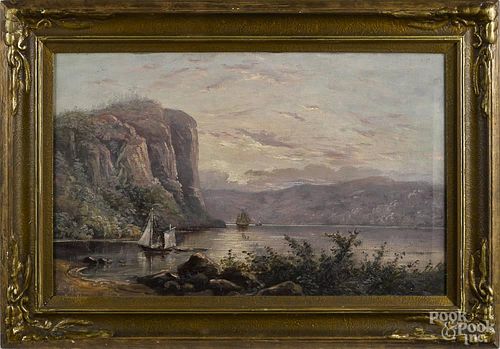 American oil on canvas landscape with a lake and sailboats, signed A.D.M. '84, 15'' x 24''.