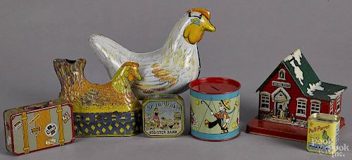 Five tin litho still banks, to include a Snow White dime register, Poll Parrot shoes, etc.