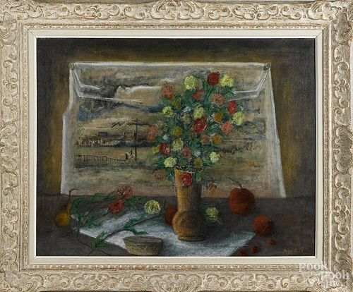 Norine Preedit (American, b. 1929), oil on canvas still life of a vase of flowers, 24'' x 30''.