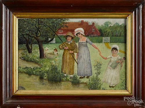 Primitive oil on board, ca. 1900, with young girls fishing, 10'' x 14 3/4''.