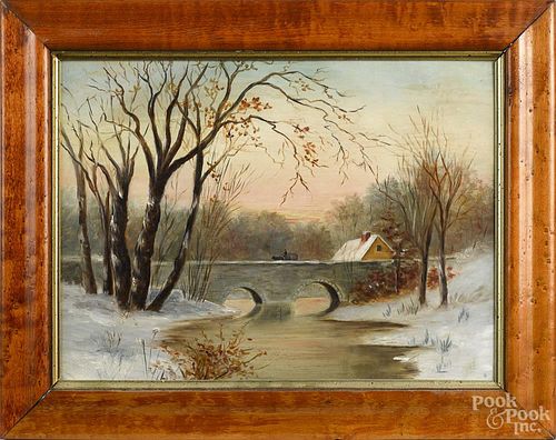 Oil on board winter landscape, 19th c., with an oxen cart over a stone bridge, 10 3/4'' x 14''.