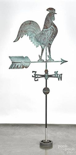 Large copper rooster weathervane, 20th c., with directionals and a stand, 35 1/2'' h.,