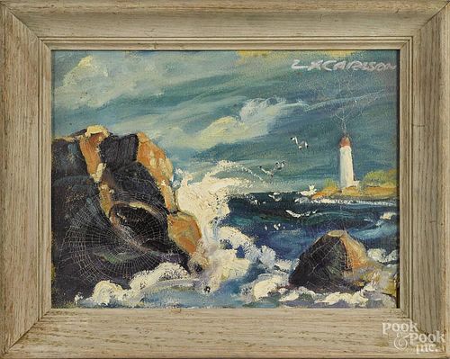 Charles X. Carlson (American 1902-1991), oil on board of a rocky shoreline and lighthouse