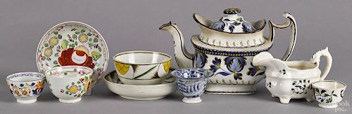 Group of pearlware, 19th c., to include a rose cup and saucer, a Leeds type bowl and undertray, etc.