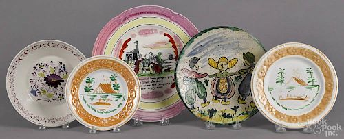 Five assorted plates and shallow bowls, to include a Sailor's Farewell lustre plate, 10'' dia.