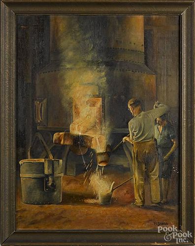 American oil on canvas industrial scene, early 20th c., signed H. Staub, 22'' x 17''.