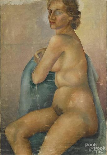 Oil on canvas female nude, mid 20th c., signed verso Barroll, 35'' x 24''.