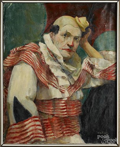 American oil on canvas portrait of a clown, early/mid 20th c., signed M. Schwarz, 30'' x 24''.