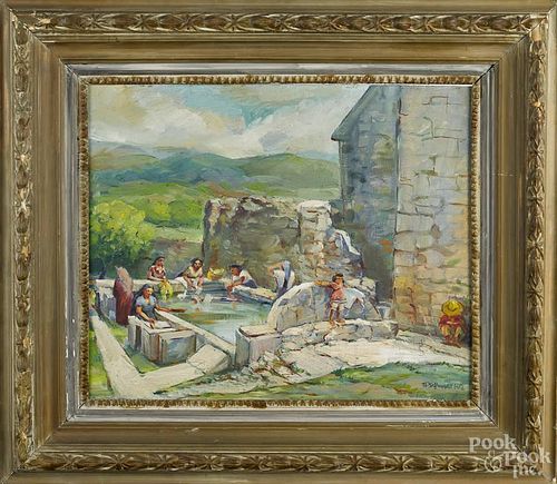 Oil on board scene of women washing clothes, early/mid 20th c., signed M. Schwarz Fite, 20'' x 24''.