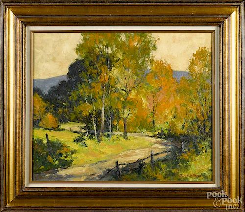 Leonard Boyer (American 20th c.), oil on canvas landscape, titled Autumn Blaze, signed lower right