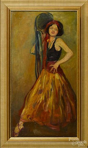American oil on canvas of a dancing girl, mid 20th c., in the style of George Luks, 30'' x 16''.