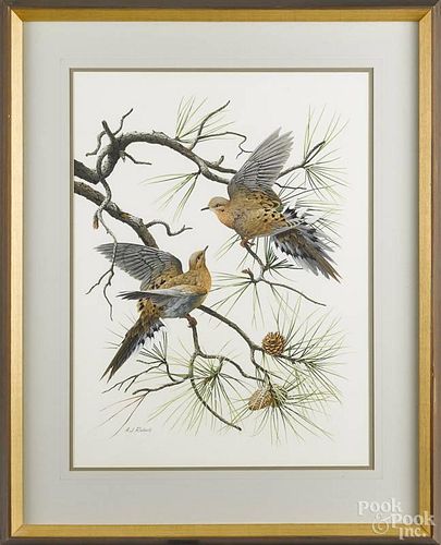 A. J. Rudisill (American 20th c.), watercolor and gouache, titled Morning Doves, signed lower left
