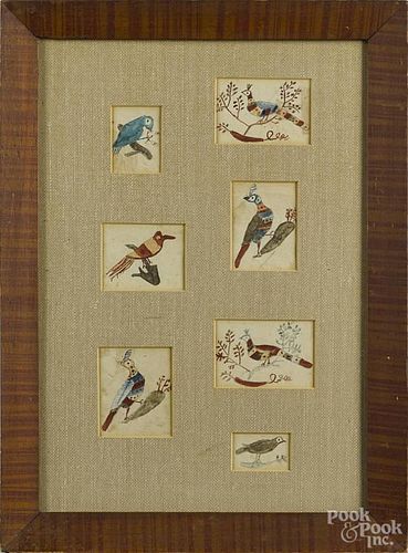 Seven framed folk art watercolor bird drawings, late 19th c., retaining period painted frames