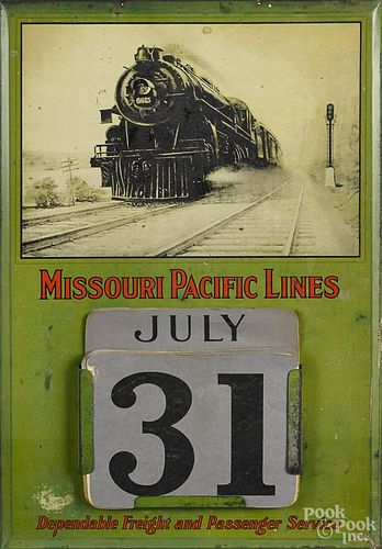 Missouri Pacific Lines tin litho calendar, early 20th c., 19'' x 12 3/4''.