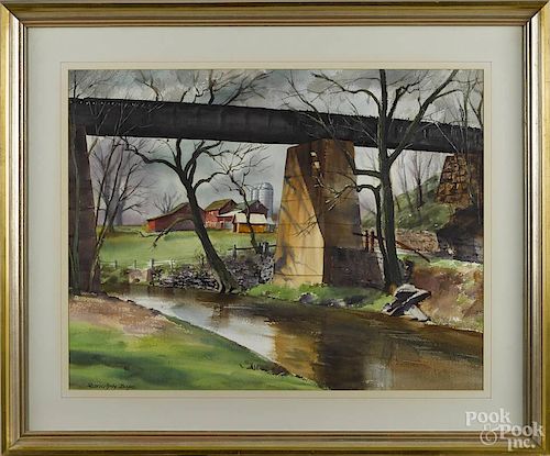 Ranulph Bye (American 1916-2003), watercolor landscape with a farm, signed lower left, 21'' x 27''.