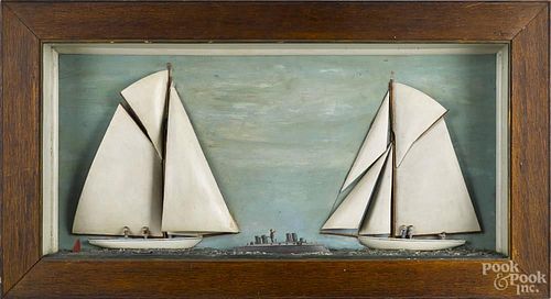 Painted diorama, 19th c., with sailboats and a submarine in the foreground, 23'' x 42''.
