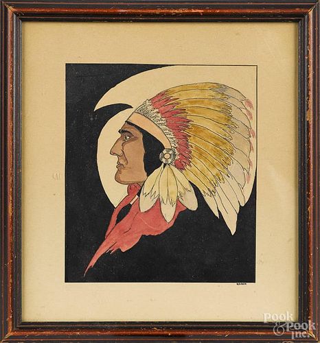 Watercolor portrait of a Native American, 20th c., signed Reiner lower right, 6'' x 5''.