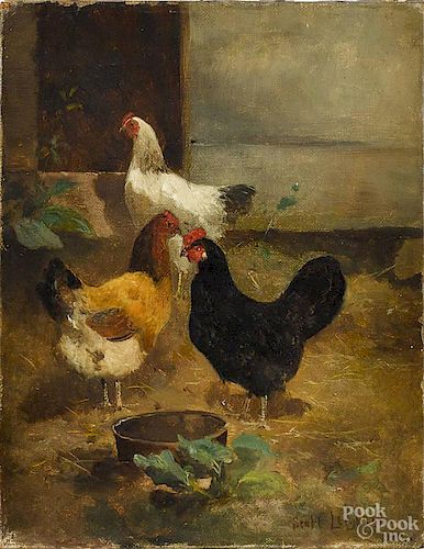 Scott Leighton, (American 1849-1989), oil on canvas barnyard scene with chickens, signed lower right
