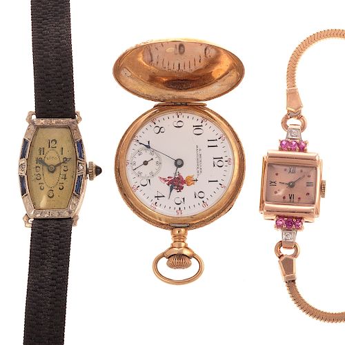 Two Ladies Wrist Watches & Pendant Watch in 14K