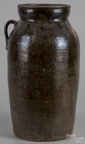 Southern six-gallon stoneware churn, 19th c., probably North Carolina, stamped 6 the on shoulder