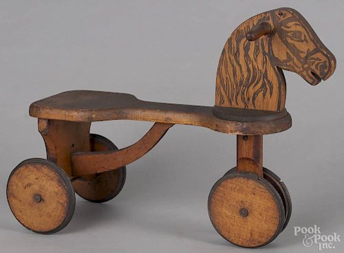 Child's Choo Choo Car painted pine riding horse tricycle, early 20th c., 17 1/2'' h., 25'' l.