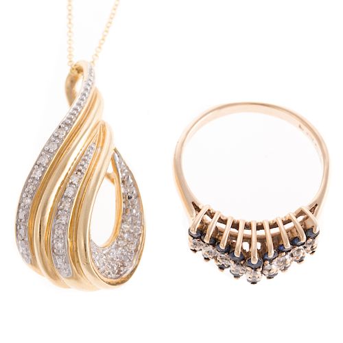 A Diamond Pendant & Sapphire & Diamond Ring