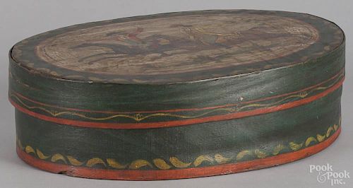 Continental painted bentwood bride's box, 19th c., with later decoration of soldiers on horseback