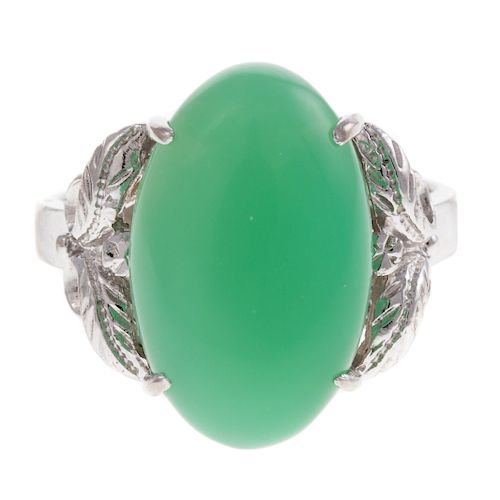 A Ladies Jade and Diamond Ring in 14K White Gold