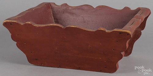 Large painted pine apple box, 19th c., retaining an old red surface, 7 1/2'' h., 18 3/4'' w., 15'' d.