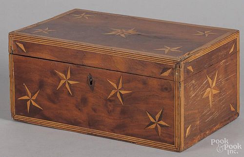 Inlaid mahogany dresser box, early 19th c., with repeating stars and diamonds, 6 1/4'' h., 13 1/2'' w.