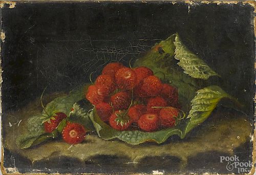 Small oil on canvas still life, 19th c., depicting raspberries within a leaf, 6 1/4'' x 9''.