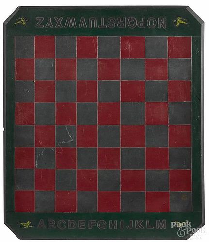 Painted slate game board, ca. 1900, inscribed with the alphabet and birds, 20'' x 16 1/3''.