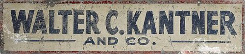 Two painted tin signs, early 20th c., inscribed Walter C. Kantner and Co., 8'' x 36''.