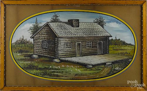 Gouache on paper of a log cabin, inscribed First House in Johnstown, built by Joseph Johns, Founder