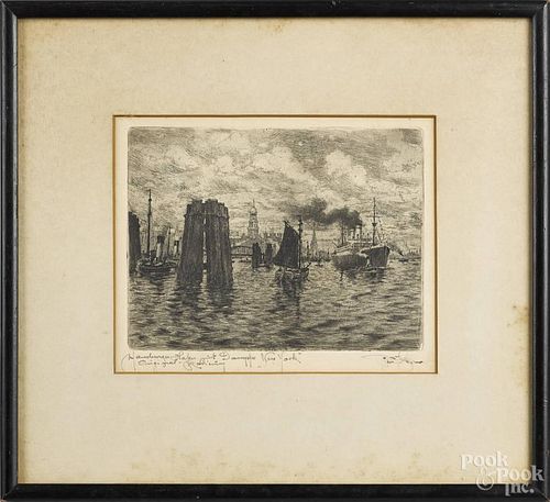 New York harbor etching, signed indistinctly lower right, 5 1/2'' x 6 1/4''.
