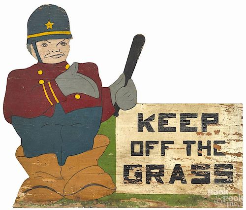 Cutout plywood and painted lawn sign with a bobbie, inscribed Keep off the Grass, 16 1/2'' x 20''.